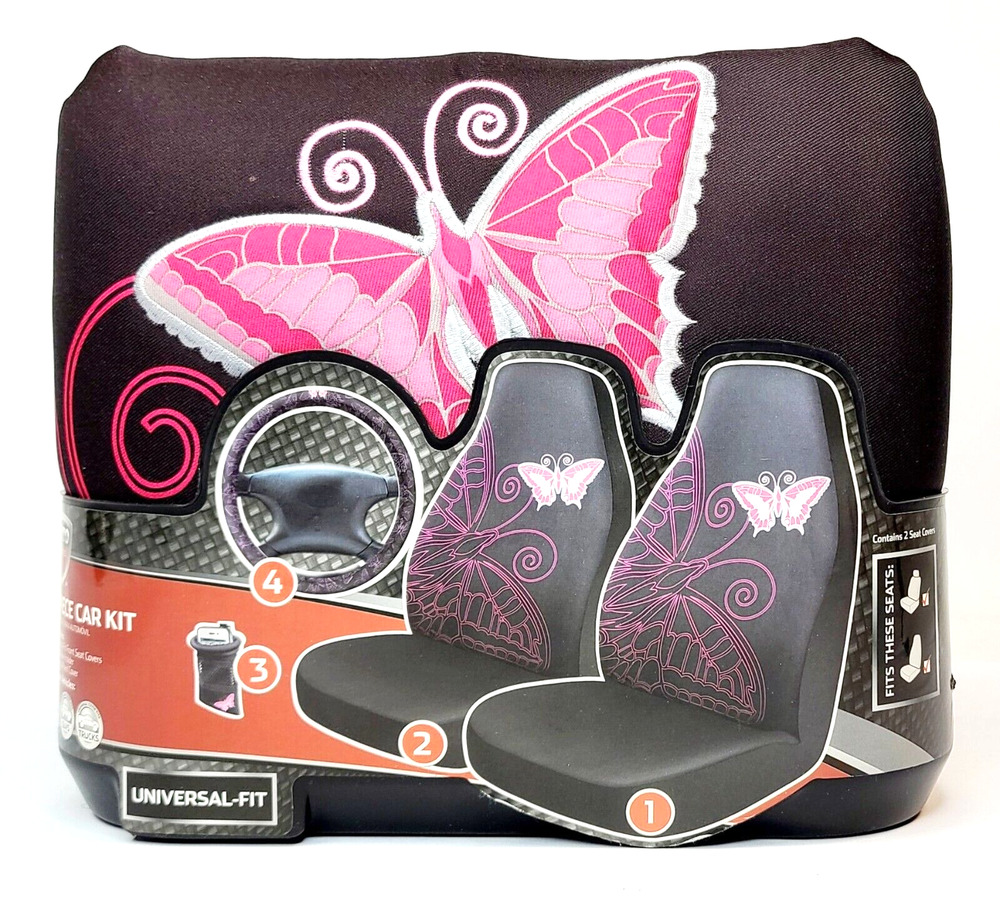 Auto Drive Universal-Fit 4-Pc Butterfly Cover Seat Steering Wheel Phone Holder